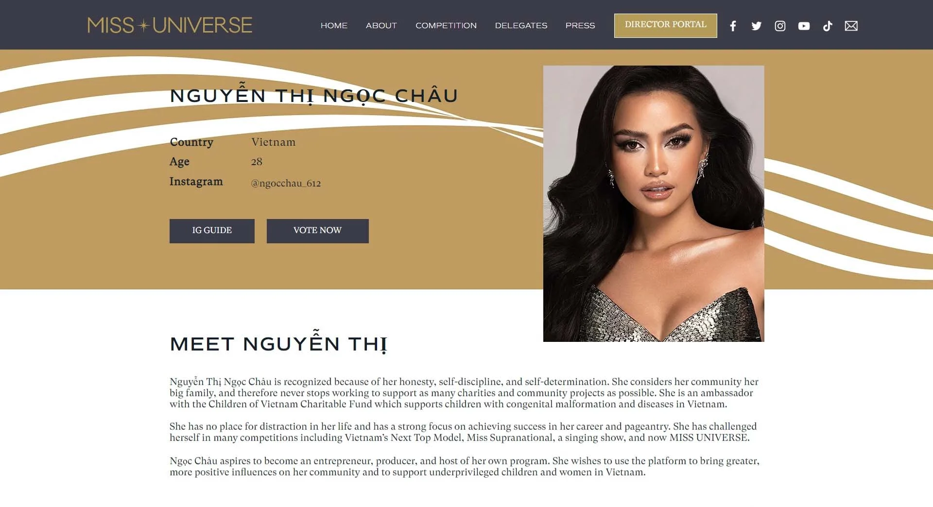Hình ảnh profile của Hoa hậu Ngọc Châu chính thức xuất hiện trên trang chủ Miss Universe