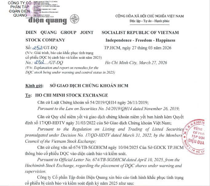 Tập đoàn Điện Quang giải trình, báo cáo khắc phục tình trạng cổ phiếu bị cảnh báo và kiểm soát năm 2025 Tập đoàn Điện Quang giải trình, báo cáo khắc phục tình trạng cổ phiếu bị cảnh báo và kiểm soát năm 2025